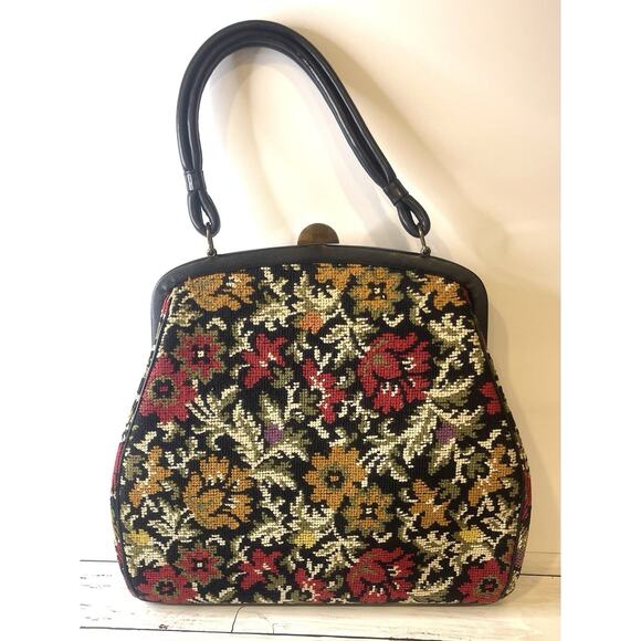 Vtg 70's FLORAL Embroidered Hand Bag Purse HIPPIE FLOWER MoD KISS LOCK Satchel - Picture 2 of 8